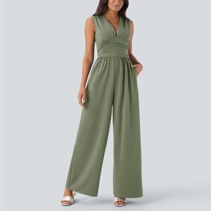 HALARA Olive Green Sleeveless Wide-Leg Jumpsuit